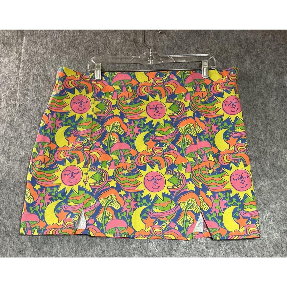 Psychedelic Skirt Womens XL Multicolor Space Mushroom Print Boho Mini Handmade